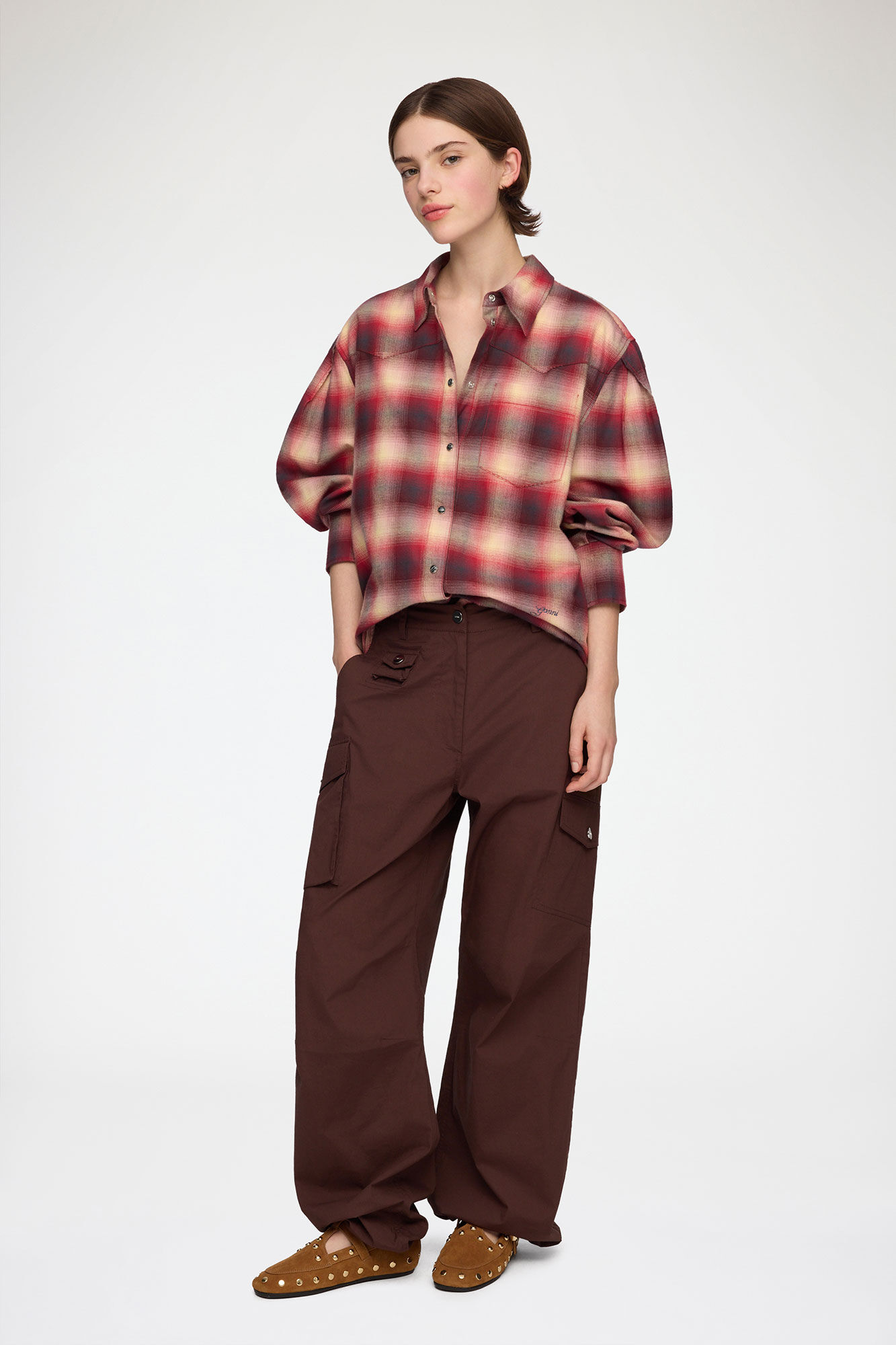 Shirt in Red Check Flannel, Cotton, in colour Raspberry Wine - 2 - GANNI