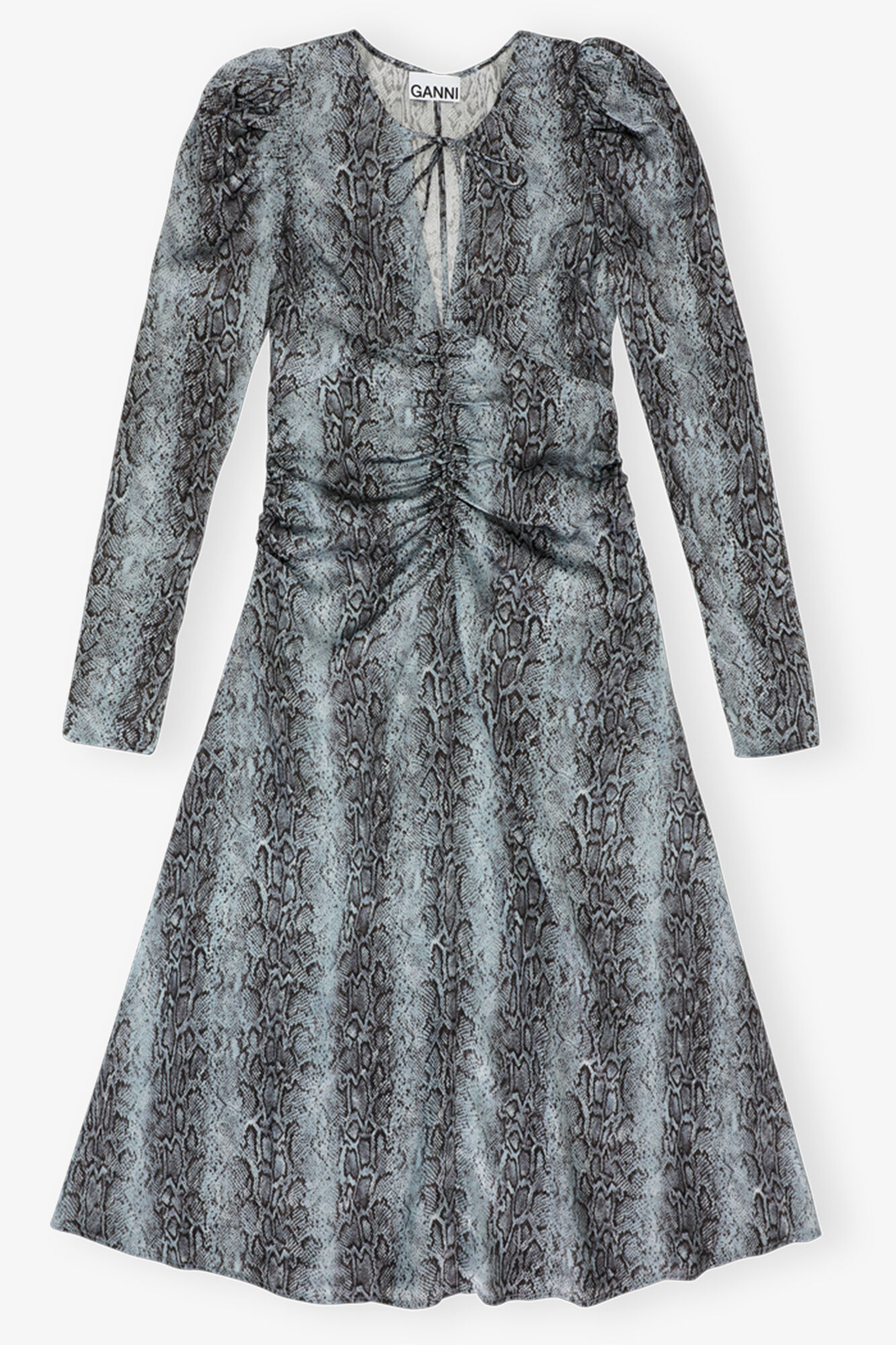 Blue Snake Print Ruched Midi Dress, Spandex, in colour Celestial Blue - 1 - GANNI