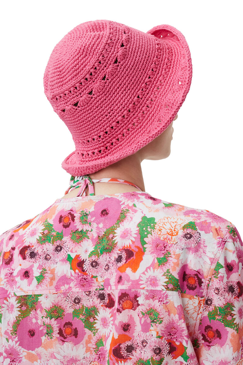 Crochet Bucket Hat, Cotton, in colour Shocking Pink - 3 - GANNI