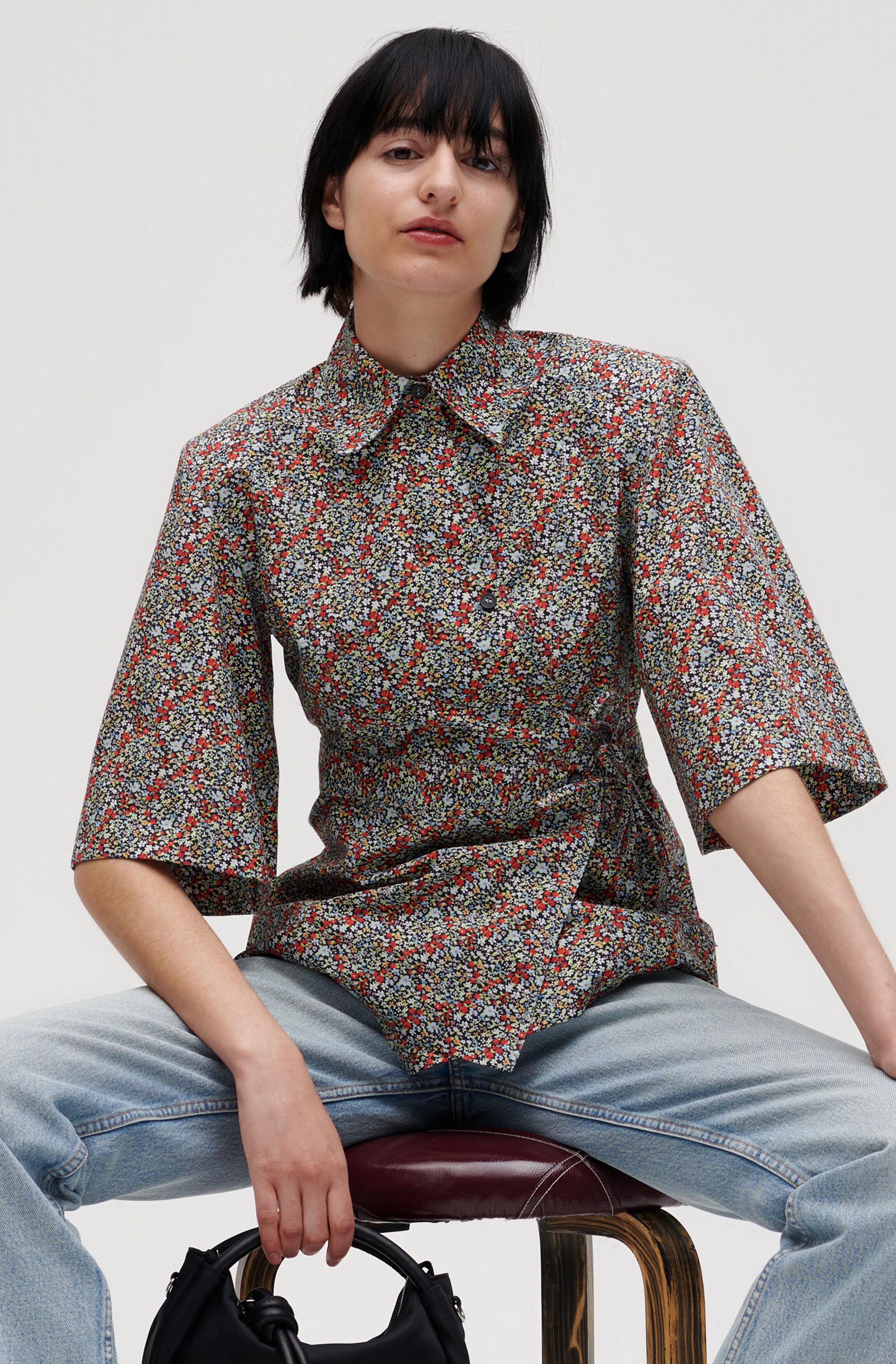 Ganni Printed Cotton Poplin Panel Wrap 