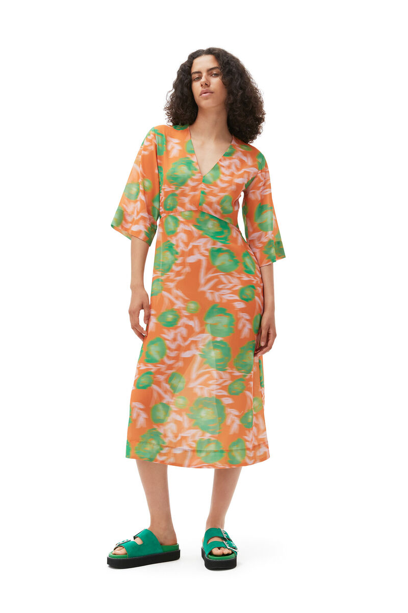 Printed Crepe V-neck Dress, Recycled Polyester, in colour Vibrant Orange - 5 - GANNI