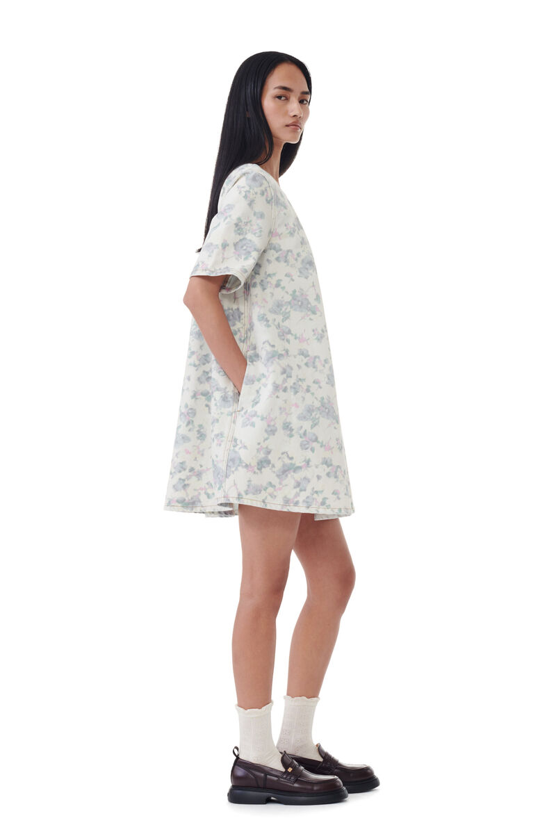 Floral Printed Denim Open Back miniklänning, Cotton, in colour Tofu - 3 - GANNI