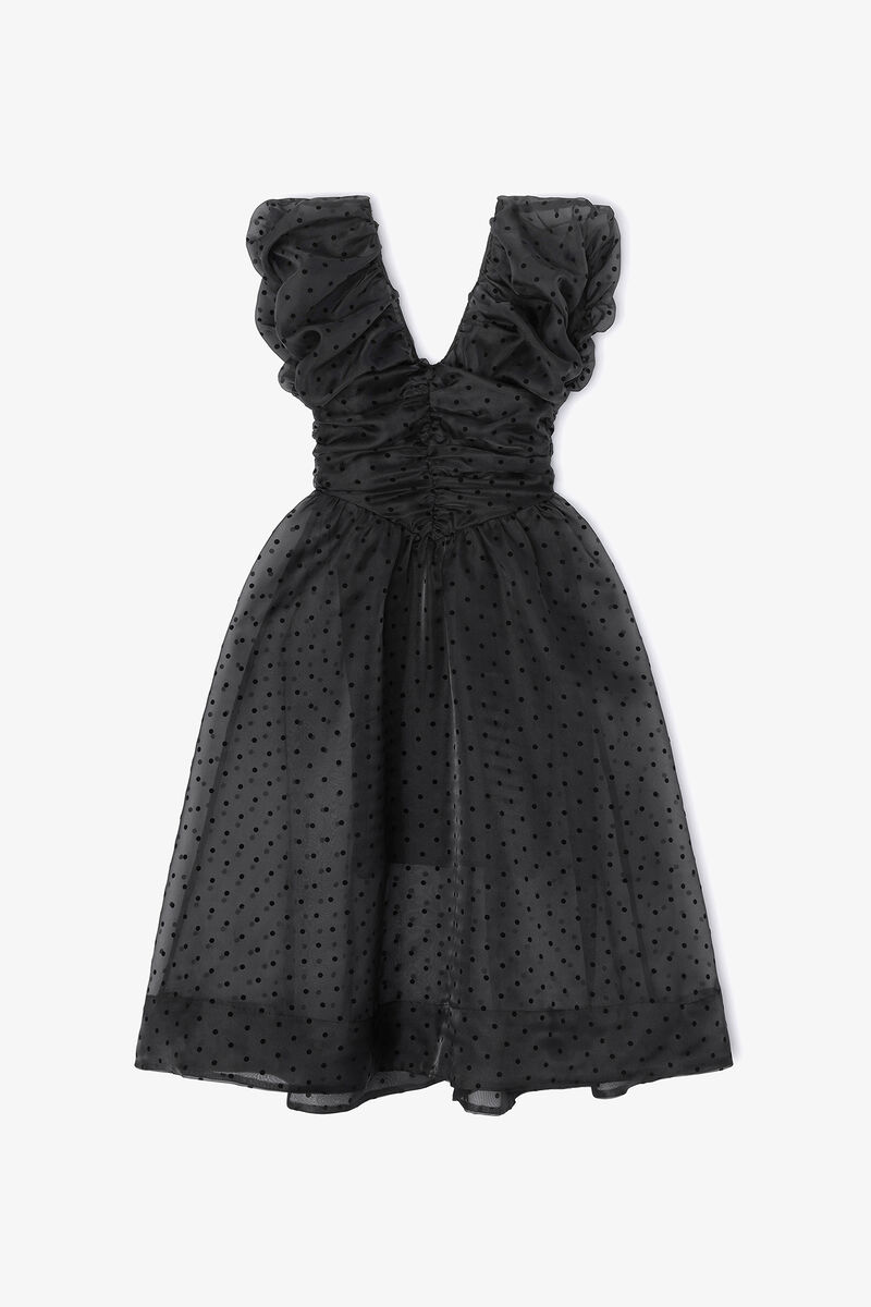 Black Organza Ruched Dress, Recycled Polyester, in colour Black - 1 - GANNI