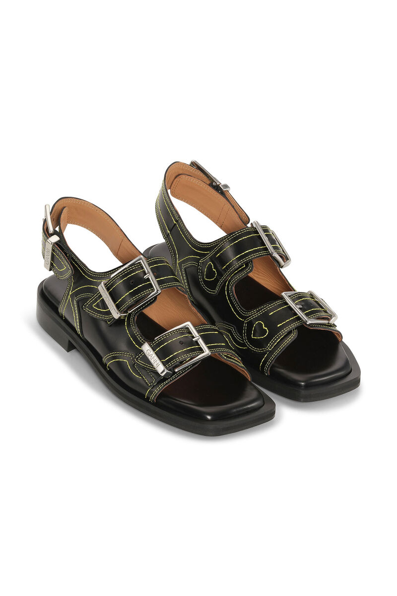 Embroidered Western Sandals, Calf Leather, in colour Black/Yellow - 3 - GANNI