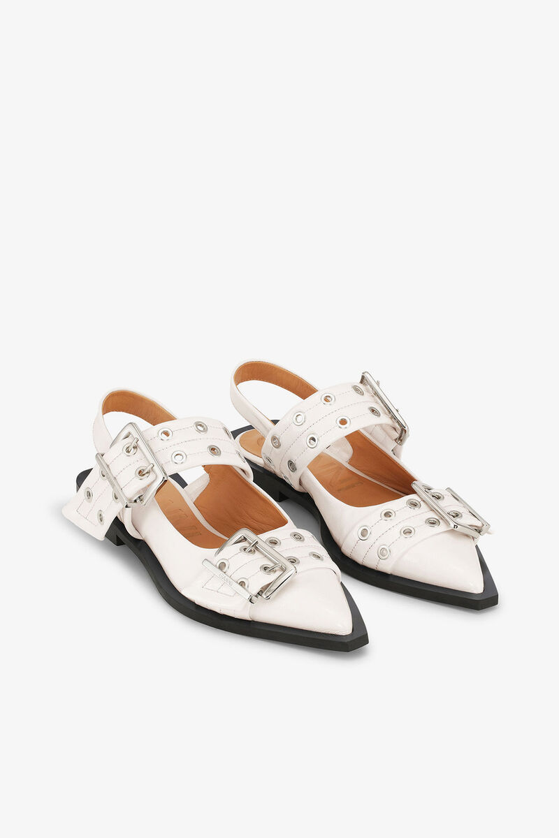 Feminine Buckle Ballerinas in Ivory, Polyurethane, in colour Egret - 2 - GANNI