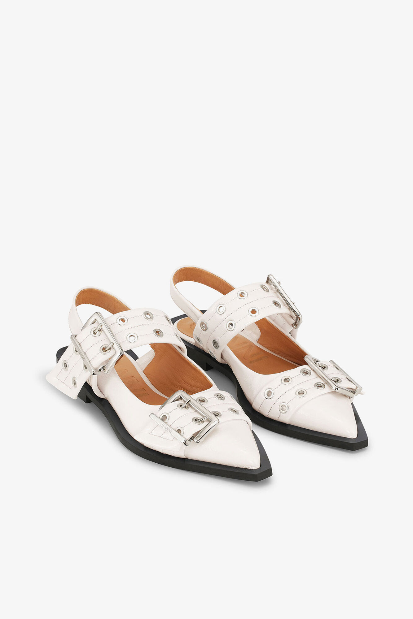 Feminine Buckle Ballerinas in Ivory, Polyurethane, in colour Egret - 2 - GANNI