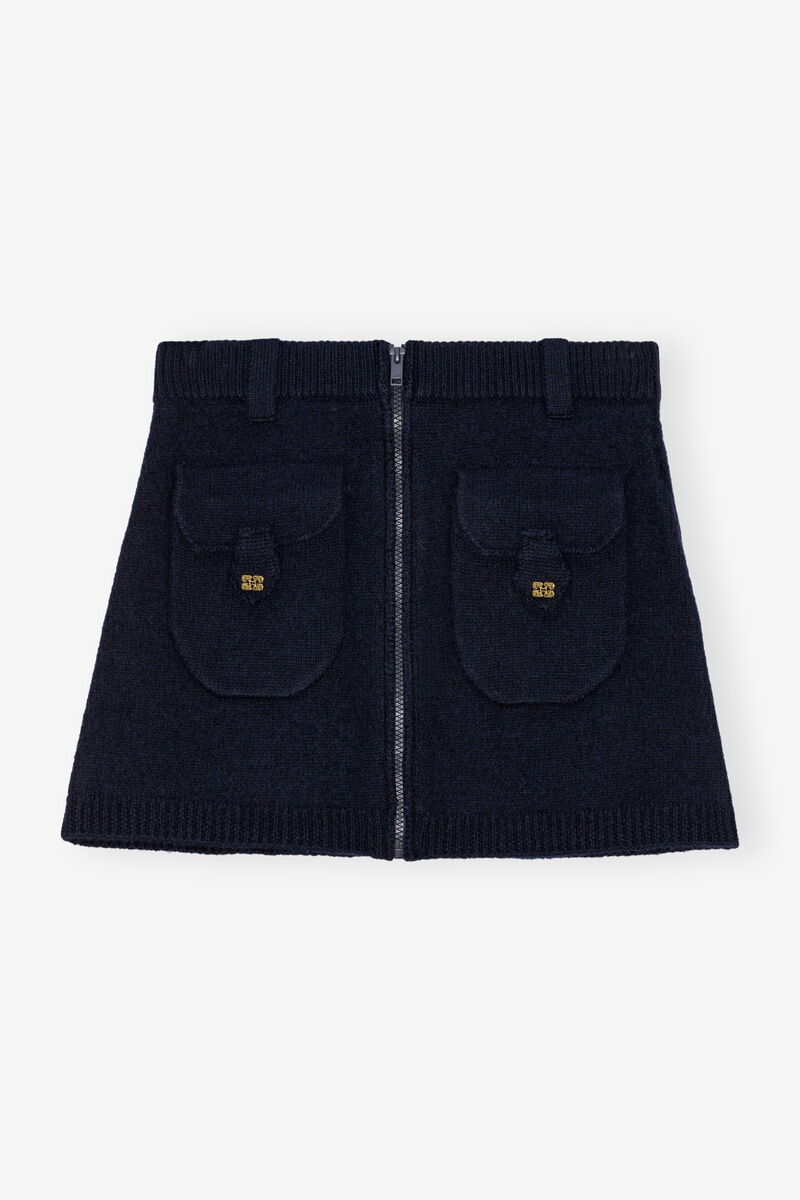 Dark Blue Mini Skirt, Wool, in colour Sky Captain - 1 - GANNI