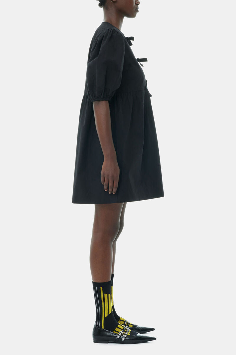 Black Cotton Poplin Tie String Mini Dress, Organic Cotton, in colour Black - 3 - GANNI