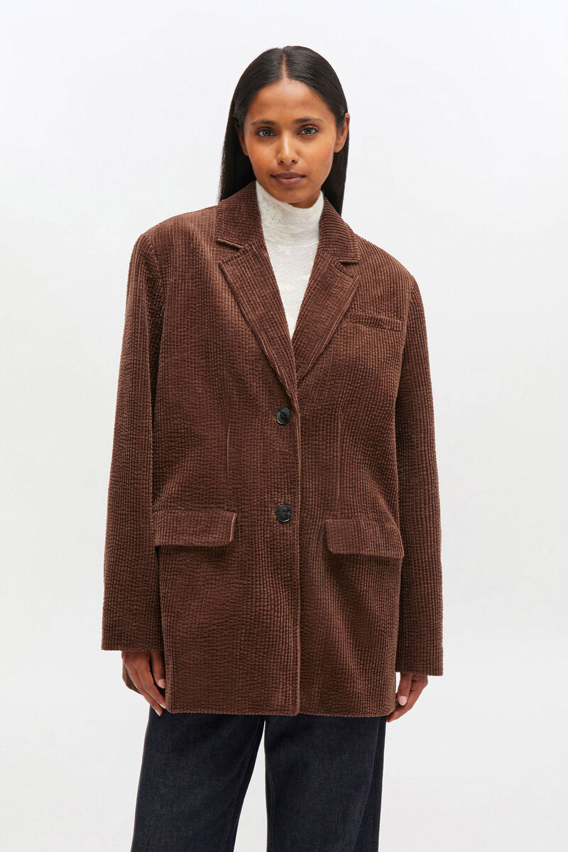 Blazer i brunt fløjl, Cotton, in colour Chicory Coffee - 2 - GANNI