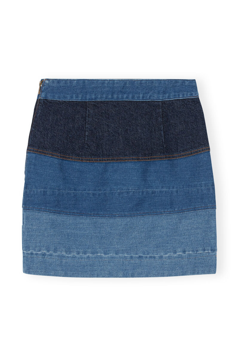 Patchwork Stretch Denim Wavy Patchwork Mini Skirt, Cotton, in colour Indigo - 2 - GANNI