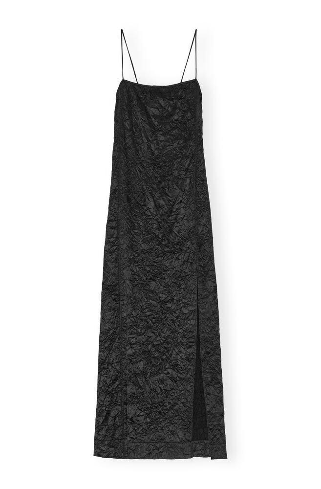 Black Crinkled Satin Midi Slip Dress