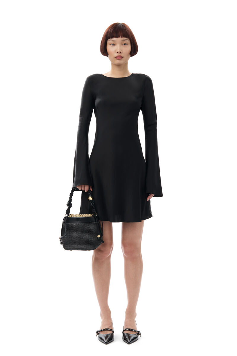 Black Solid Satin Mini-kjole, in colour Black - 1 - GANNI