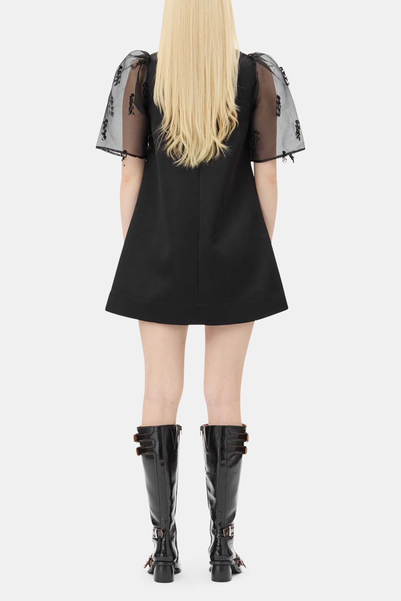 Black Fringed Organza Mini Dress, Recycled Polyester, in colour Black - 4 - GANNI