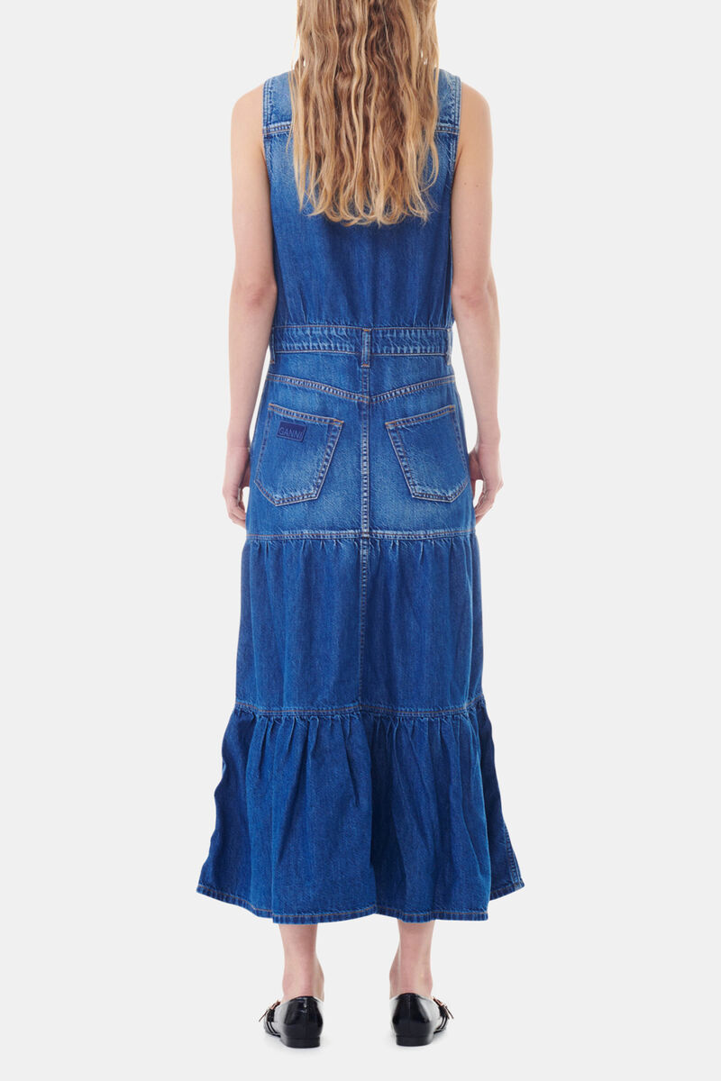 Blue Denim Long Dress, Organic Cotton, in colour Mid Blue Vintage - 4 - GANNI