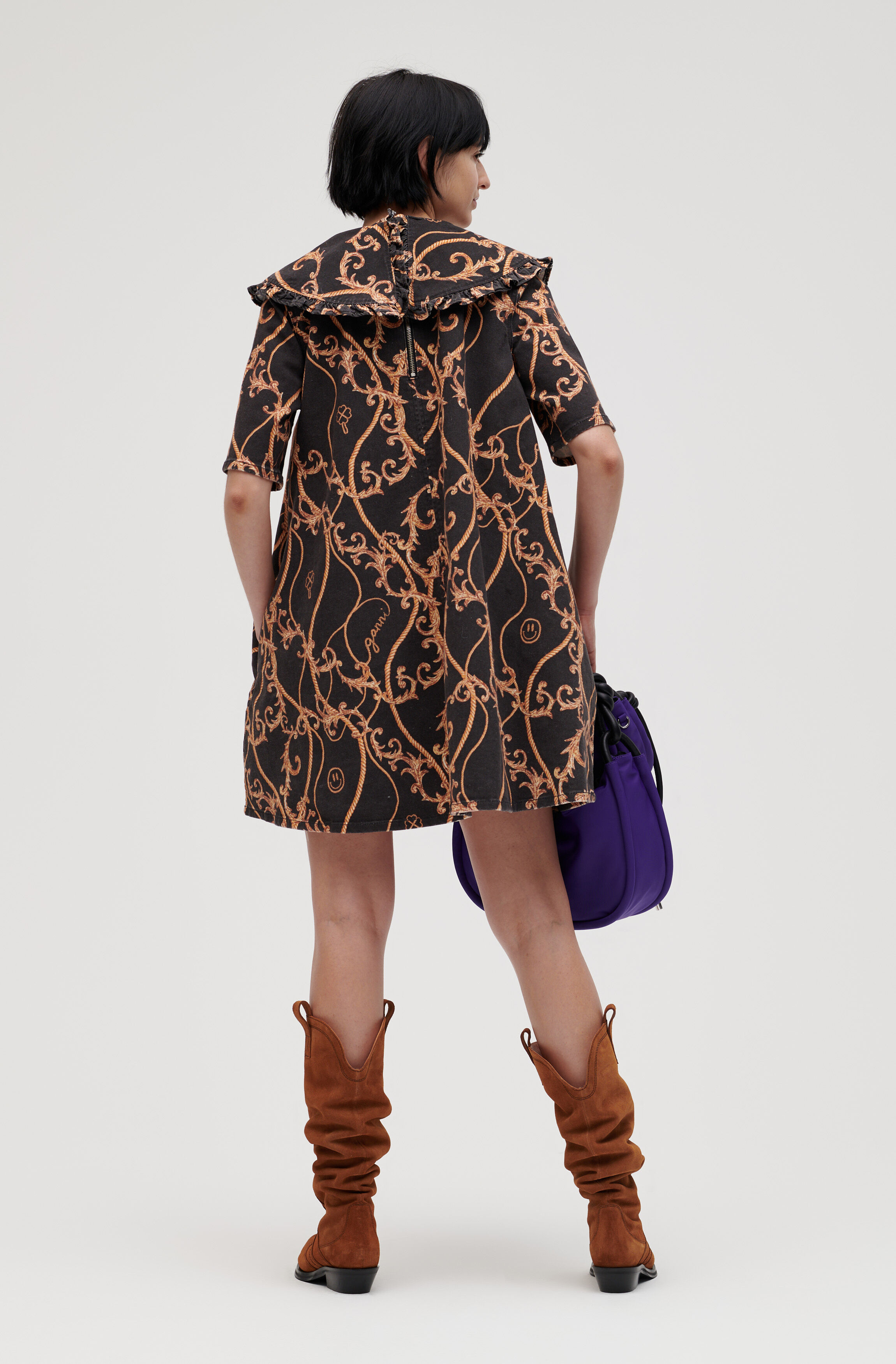 Black Print Denim A-line Frill Collar 