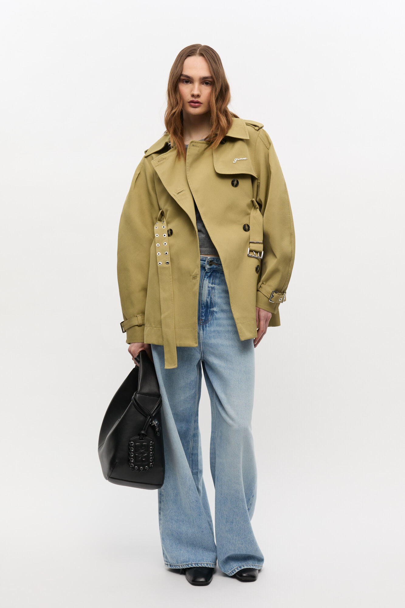 Beige Heavy Twill Midi Trench Coat, Recycled Polyester, in colour Boa - 2 - GANNI