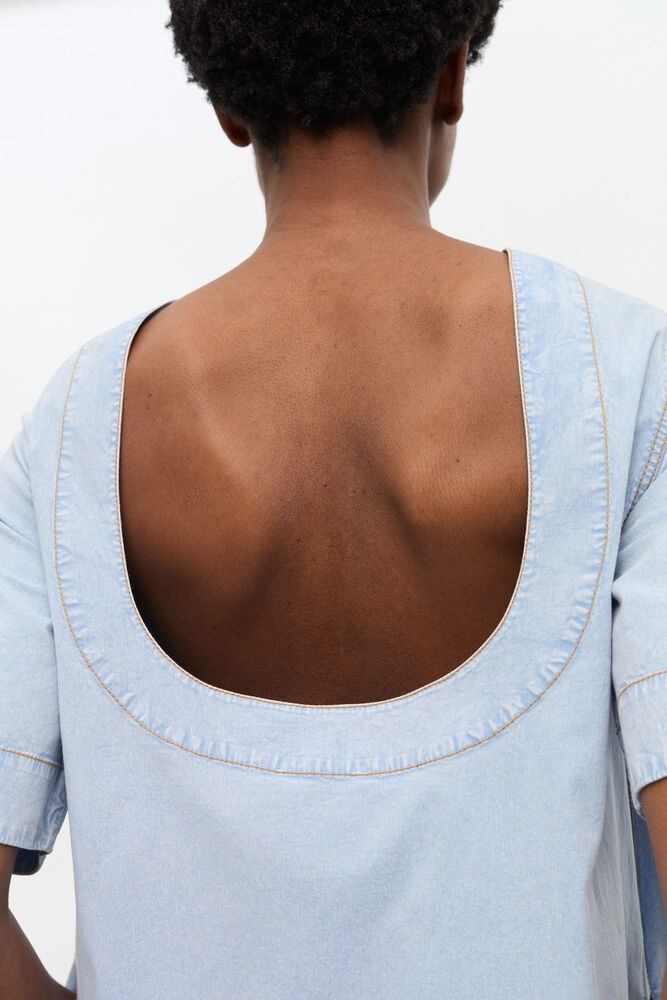 Light Blue A-line Mini Denim Dress, Soft Chambray