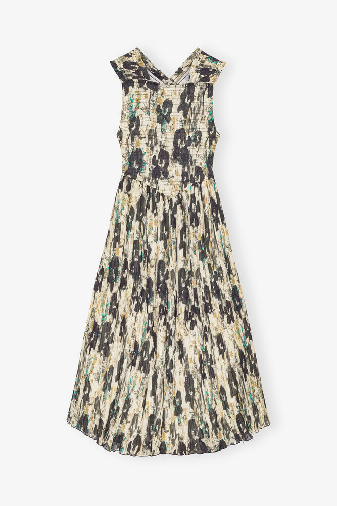 Printed Pleats Smock Midi Straps Dress, Afterglow