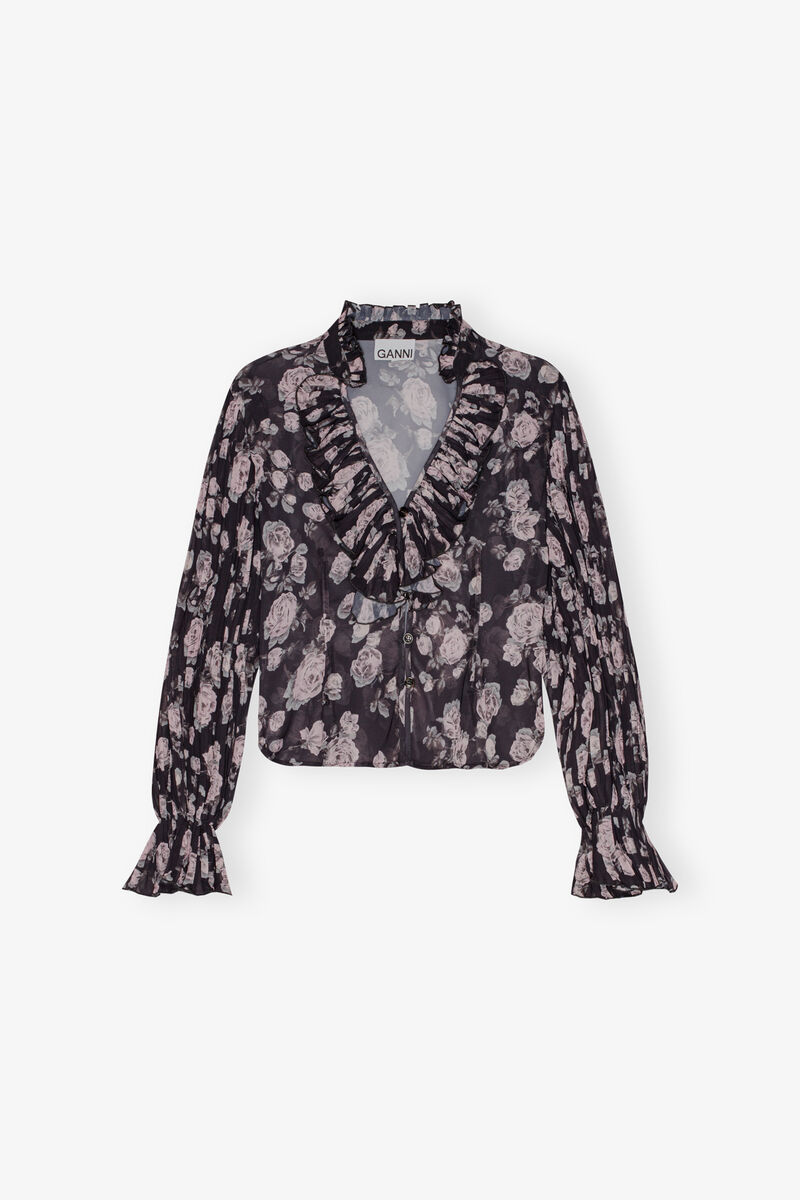 Floral Printed Pleated Georgette Blouse, Recycled Polyester, in colour Phantom - 1 - GANNI
