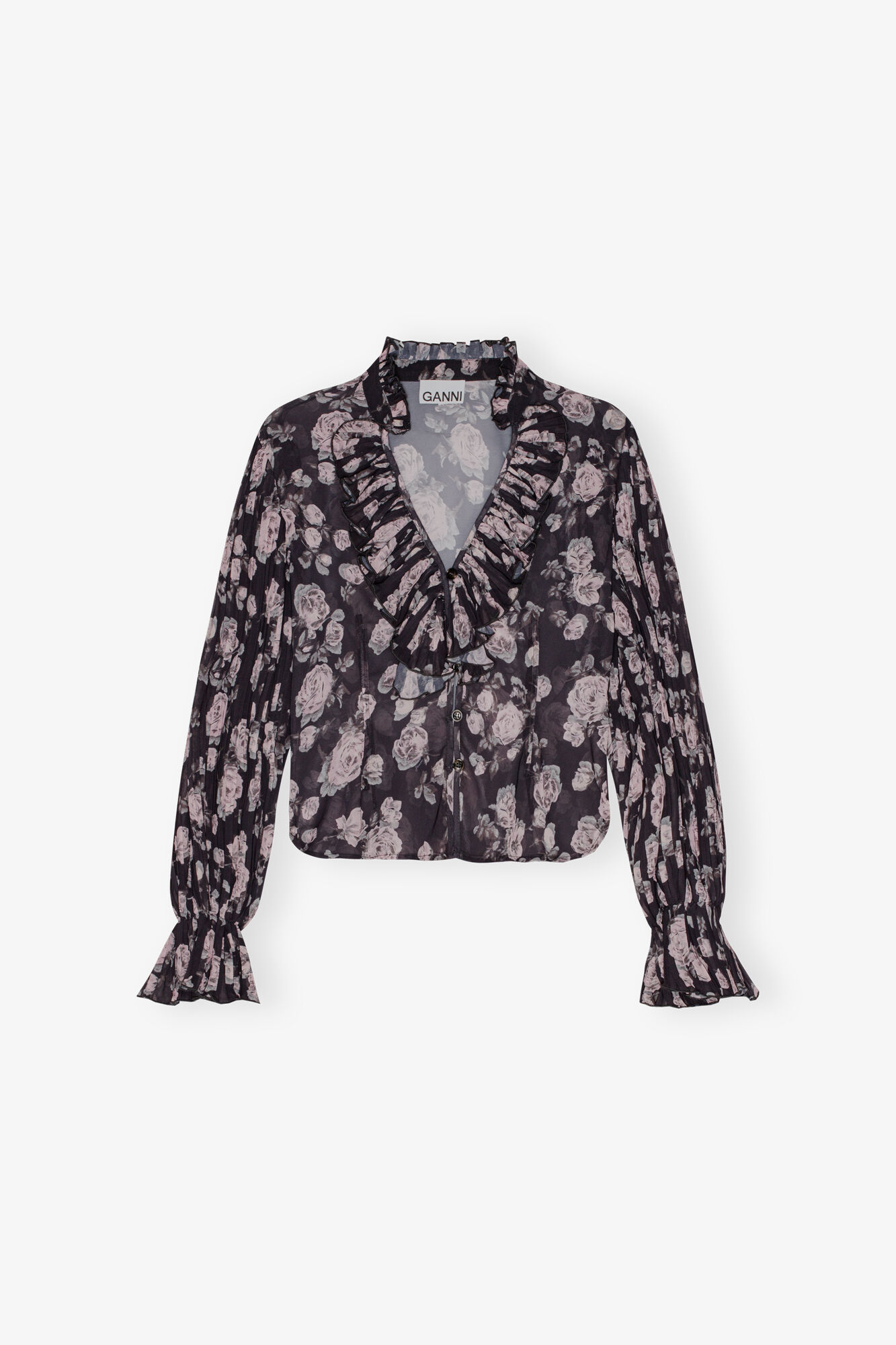 Floral Printed Pleated Georgette Blouse, Recycled Polyester, in colour Phantom - 1 - GANNI