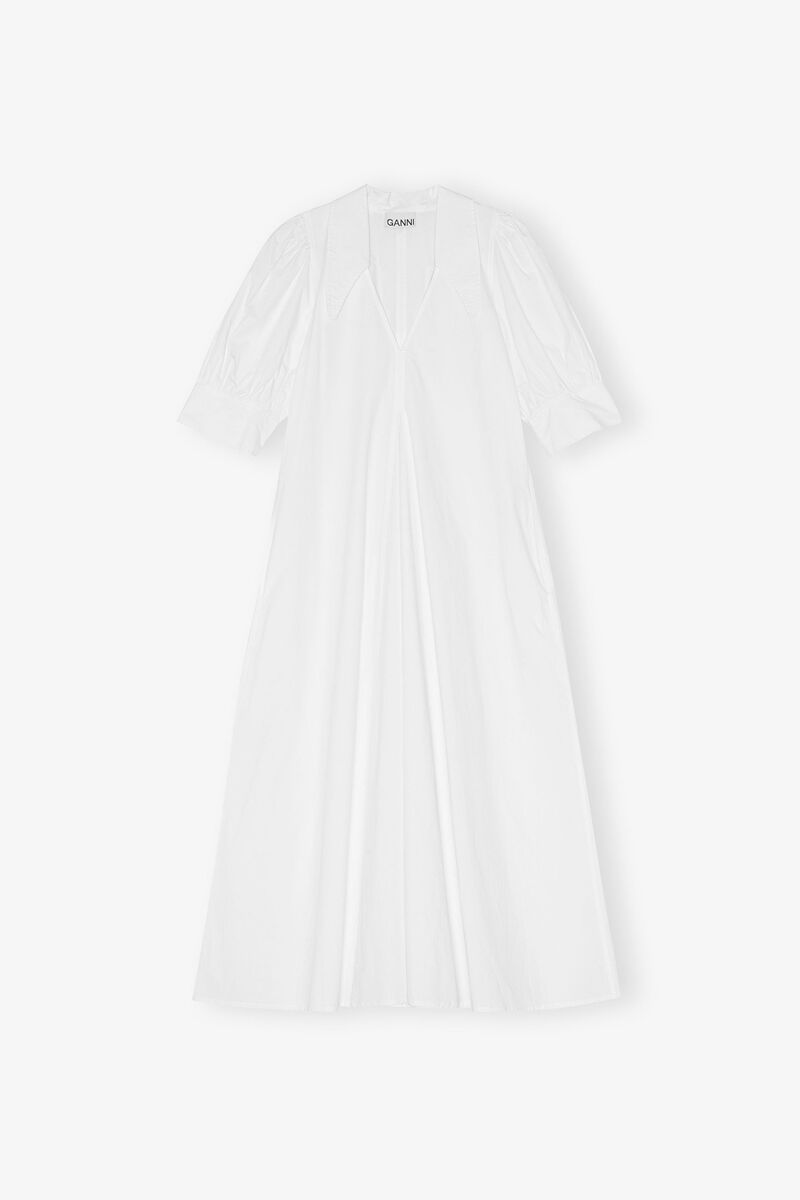 Cotton Poplin V-Neck Midi Dress, Cotton, in colour Bright White - 1 - GANNI