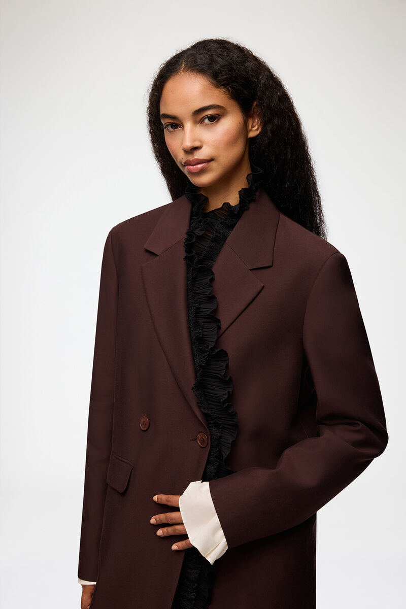 Lang blazer i brun ull, Viscose, in colour Chocolate Plum - 2 - GANNI