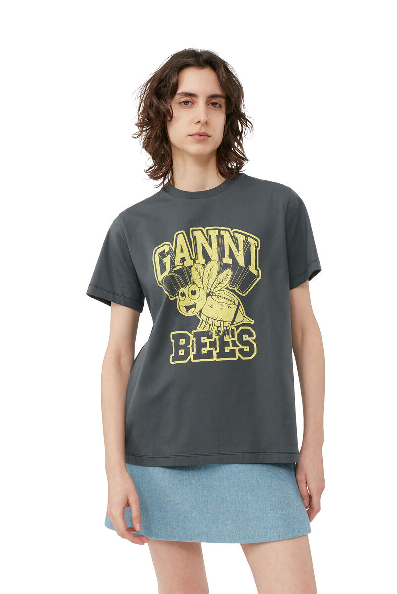 Relaxed Bee T-shirt, Cotton, in colour Volcanic Ash - 1 - GANNI
