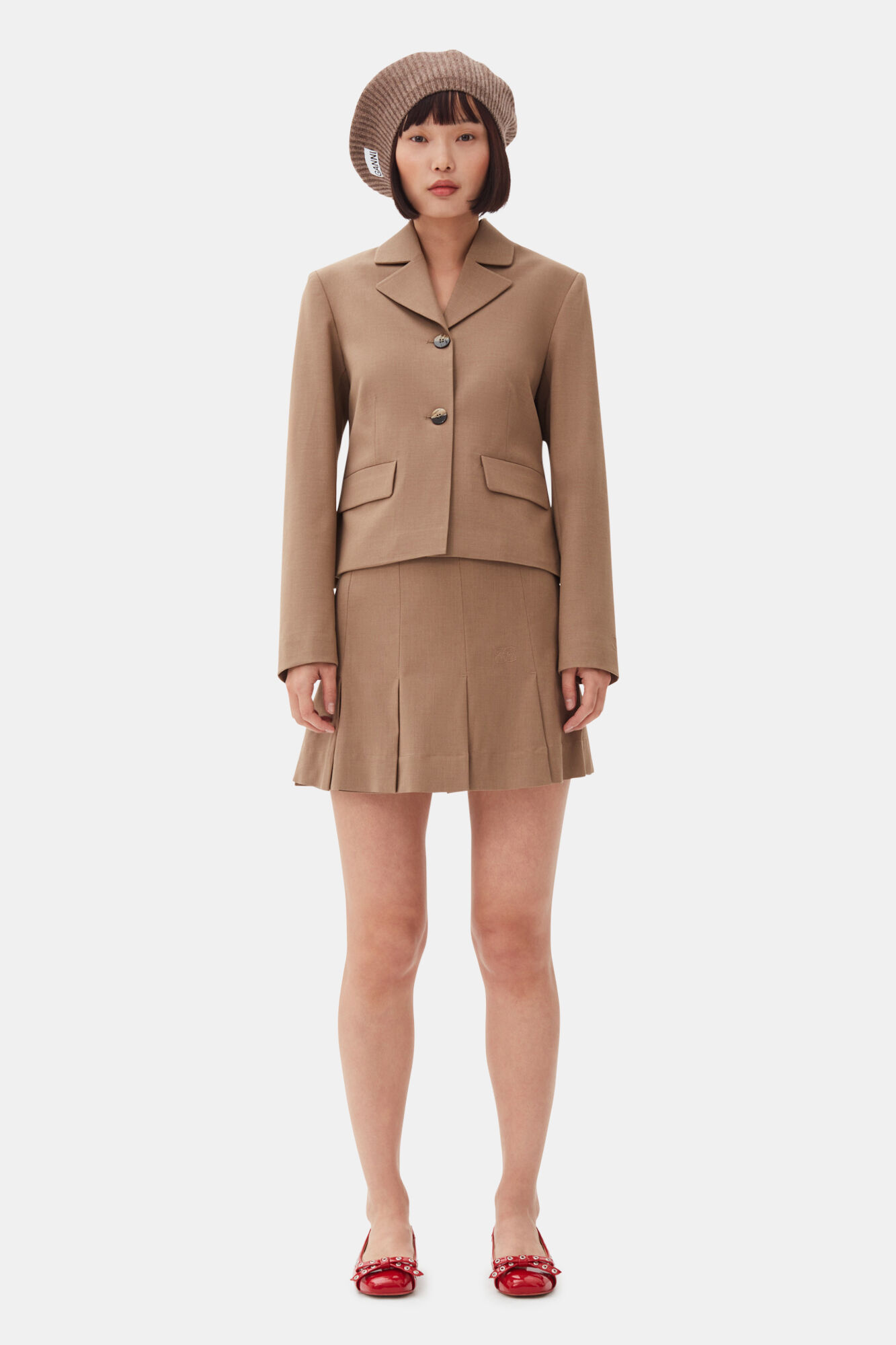 Brown Drapey Melange Fitted Blazer, Elastane, in colour Tiger's Eye - 2 - GANNI