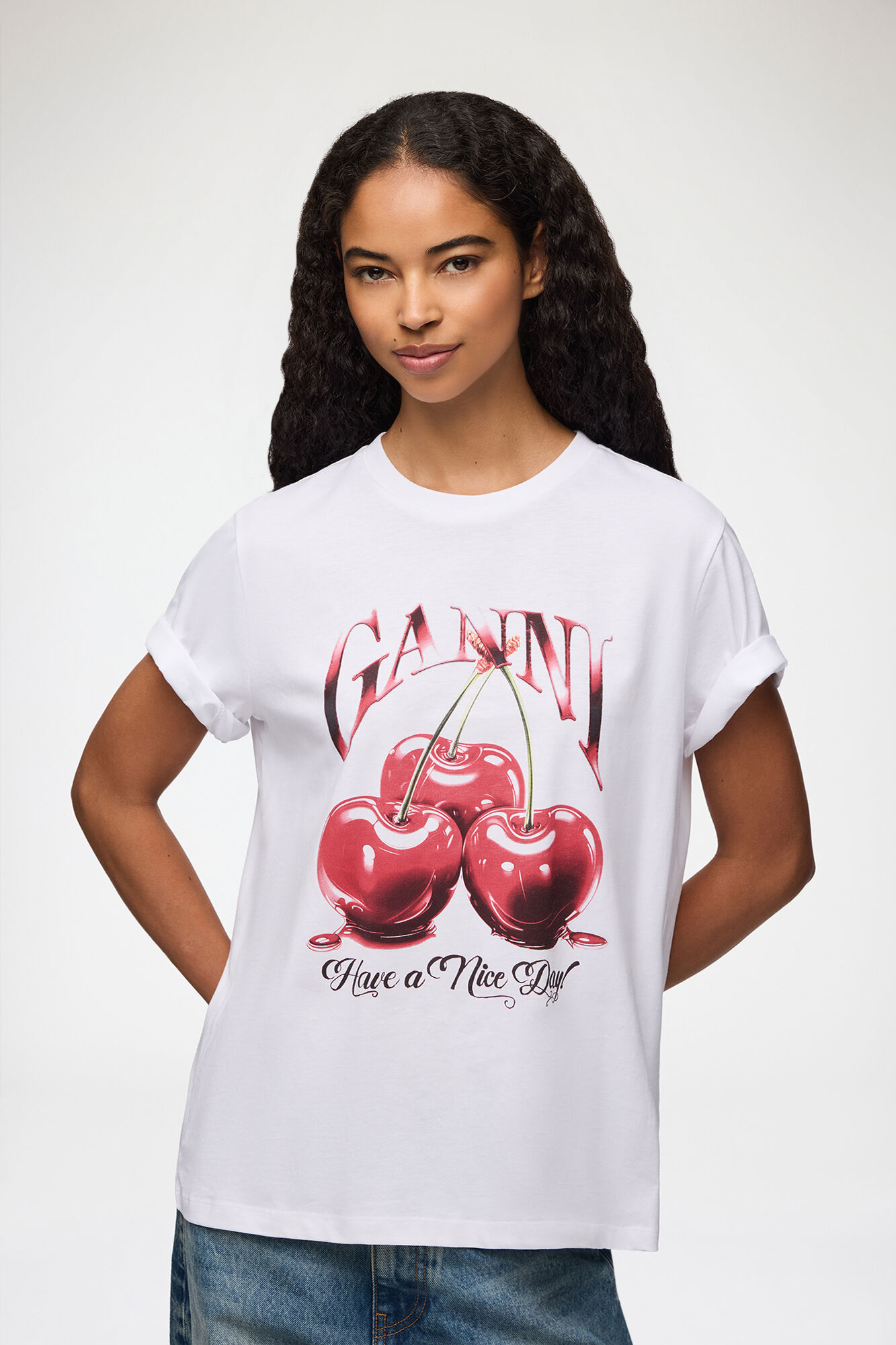 トップス GANNI 24ss White Relaxed Cherry T-Shirt Bright White White Basic Jersey Cherry Relaxed T-shirt | GANNI
