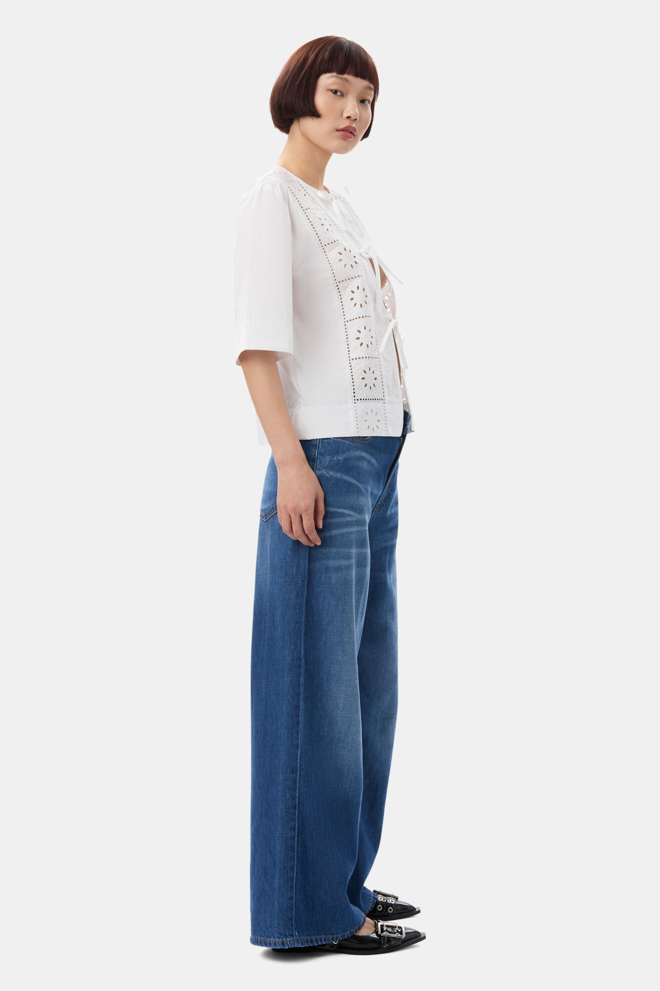 White Broderie Anglaise Tie Blouse, Cotton, in colour Bright White - 3 - GANNI