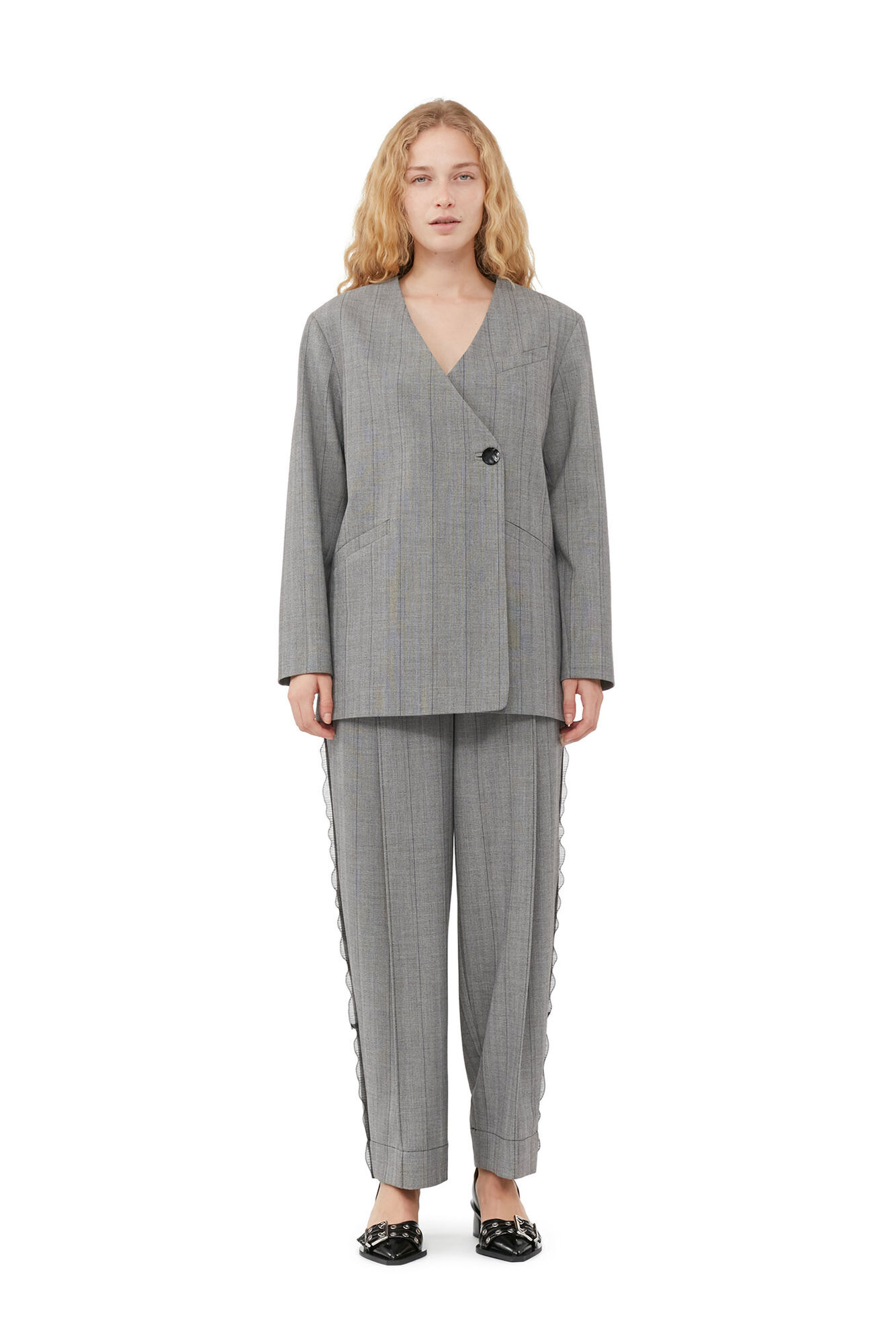 Ganni Grey Herringbone Suiting Blazer