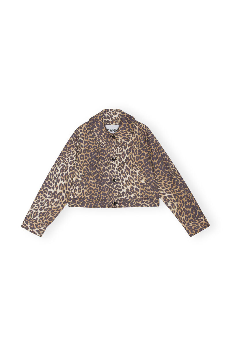 Leopard Printed Canvas Short Jacket, Hemp, in colour Almond Milk - 1 - GANNI