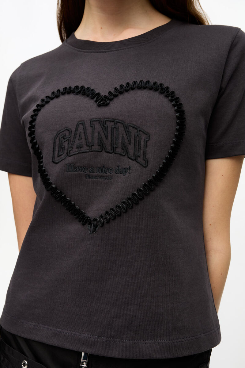 Black Cropped Heart T-shirt, Organic Cotton, in colour Phantom - 4 - GANNI