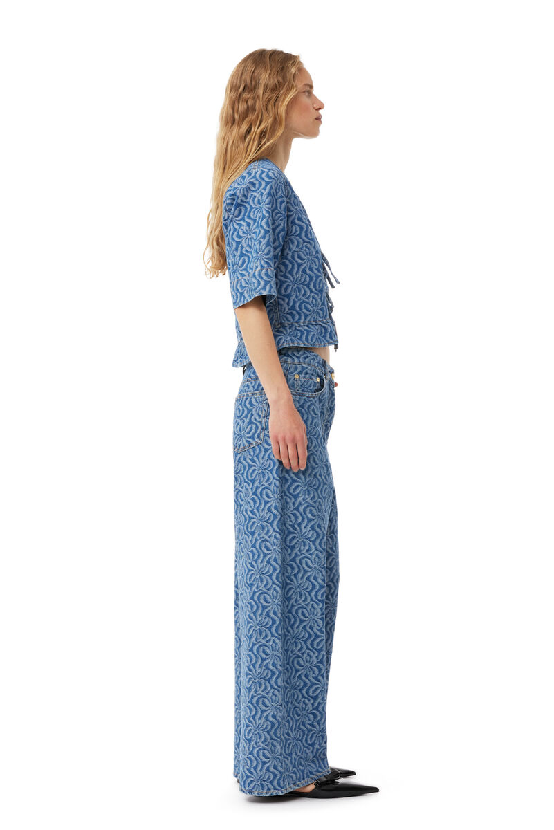 Blue Jacquard Denim Wide Trousers, Cotton, in colour Mid Blue Stone - 3 - GANNI