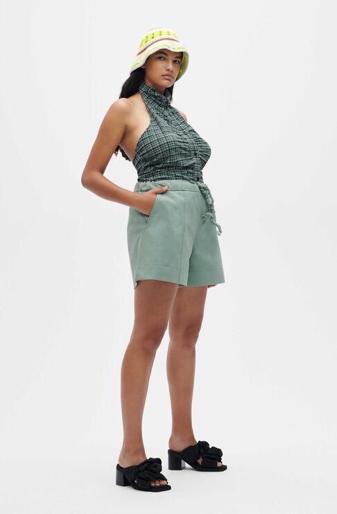 Ganni Drawstring Cotton Suiting Shorts In Green Bay