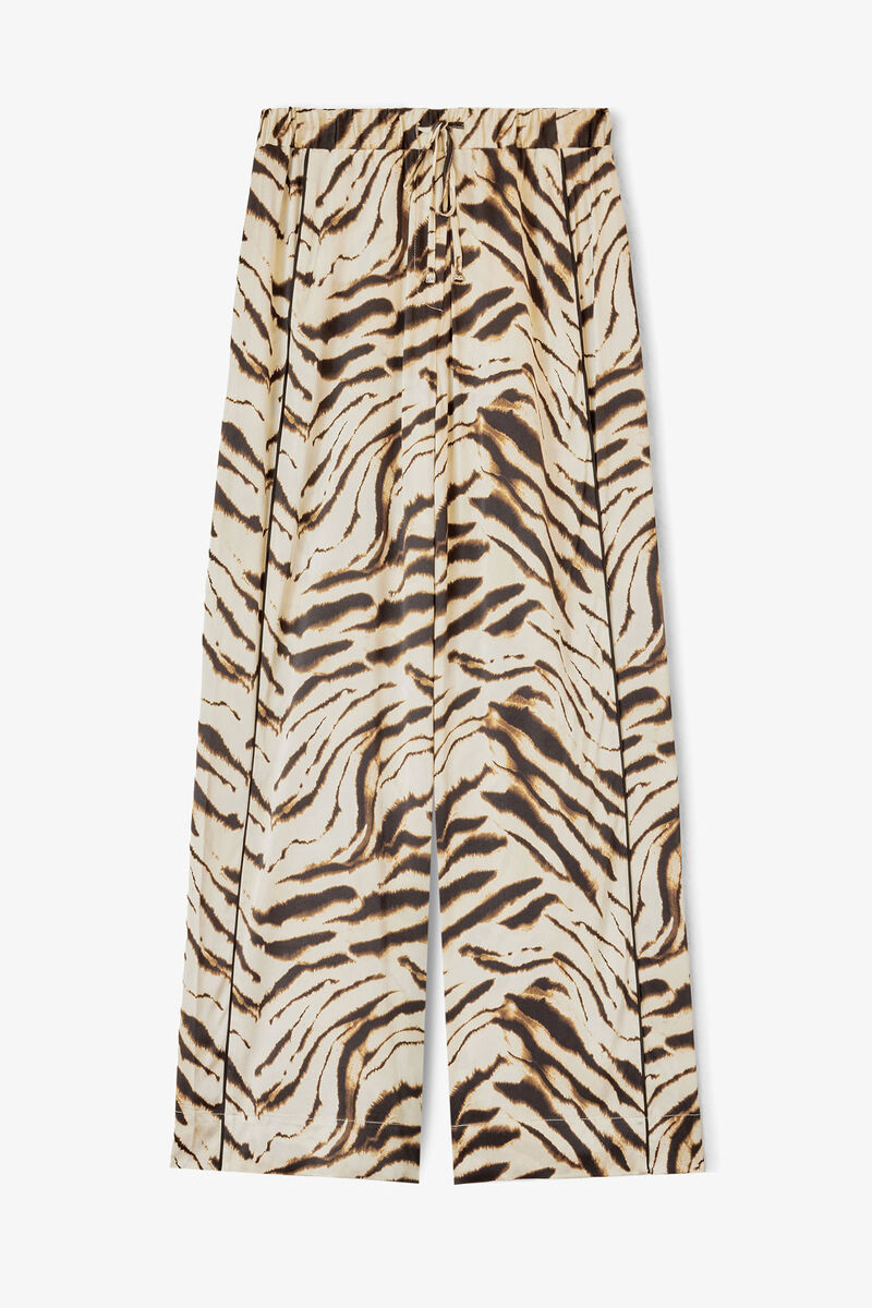 Trousers in Zebra Satin, Viscose, in colour Egret - 1 - GANNI