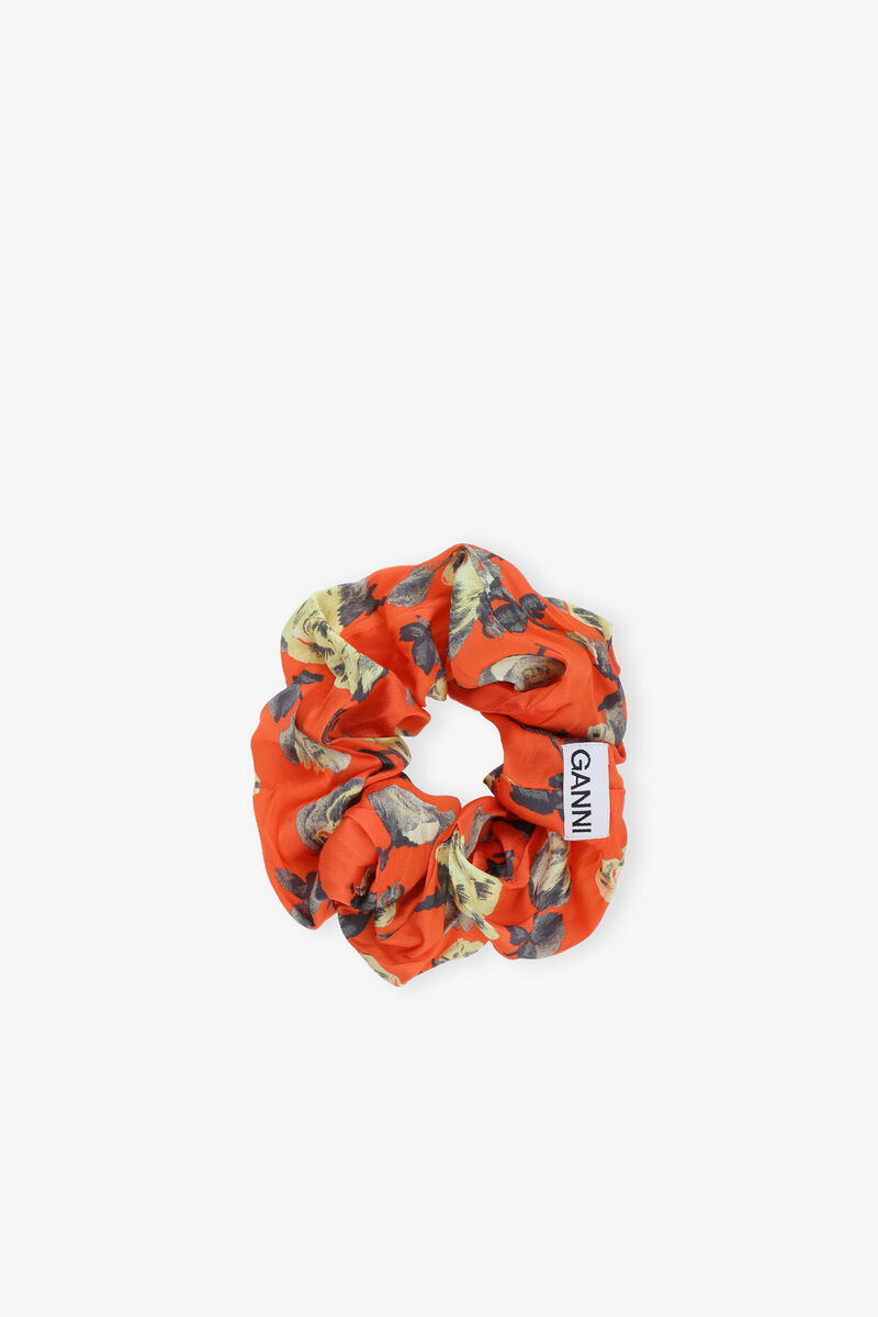 Orange Floral Printed Scrunchie, Spandex, in colour Poinciana - 1 - GANNI