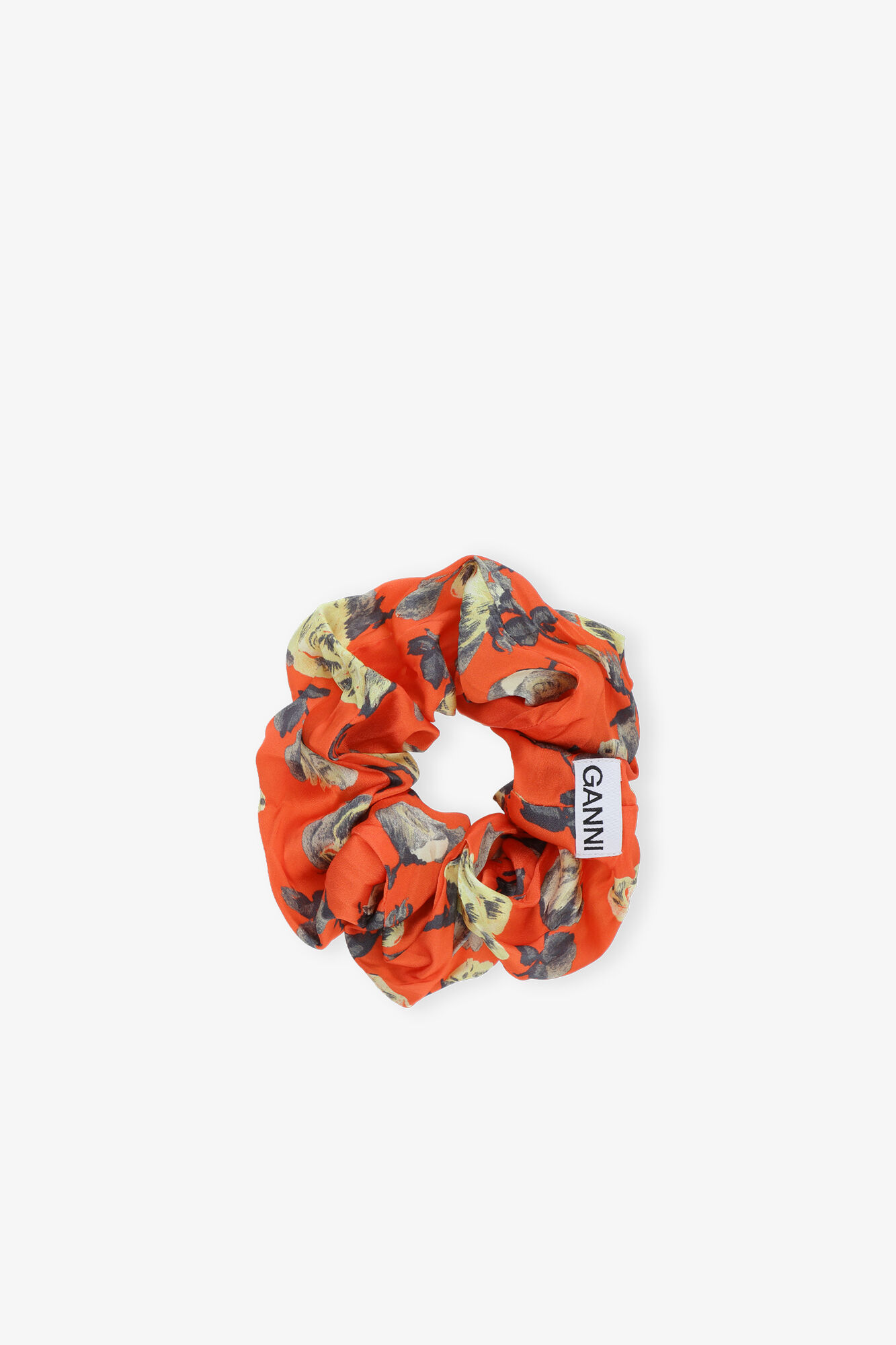 Orange Floral Printed Scrunchie, Spandex, in colour Poinciana - 1 - GANNI