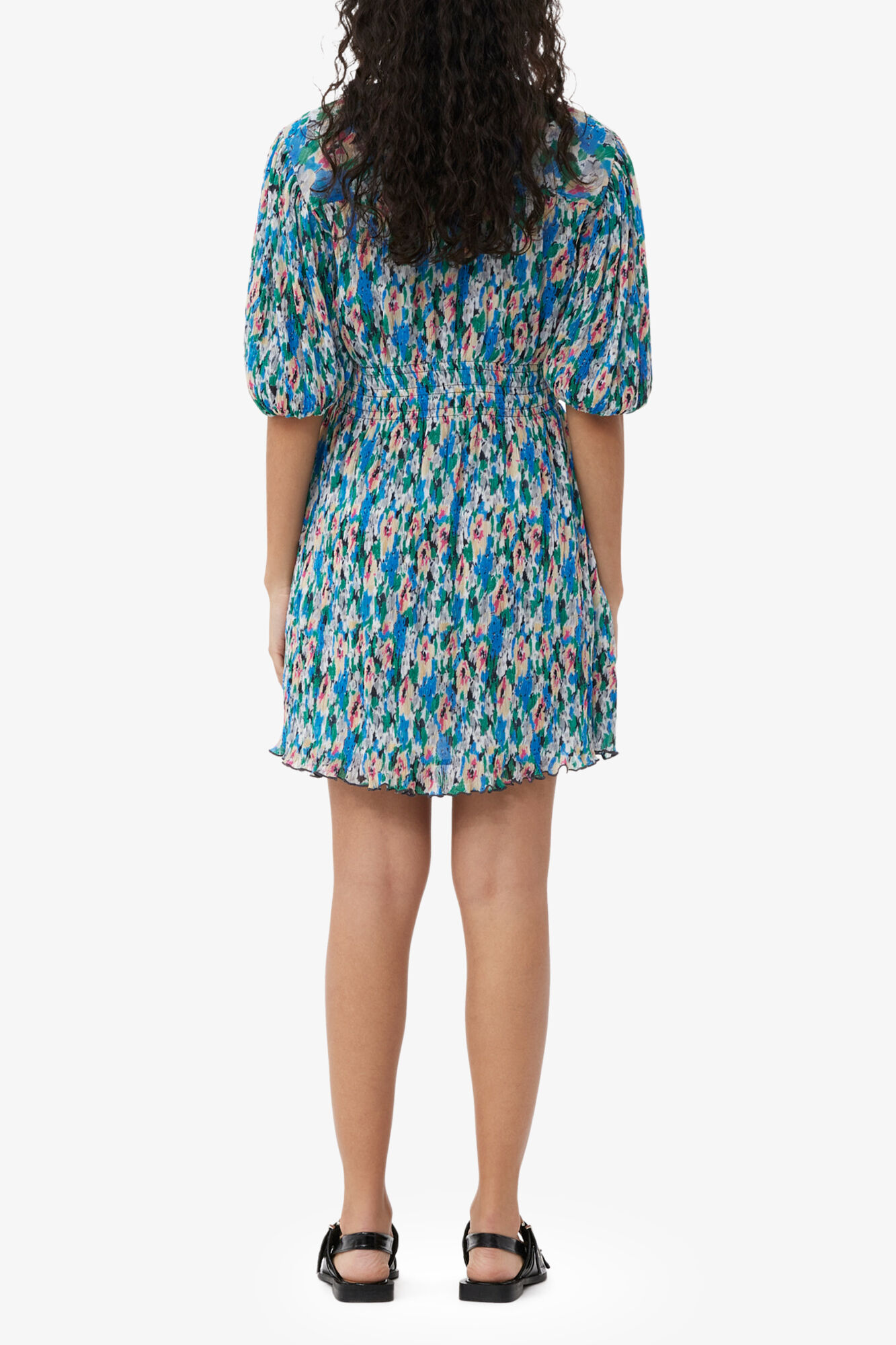 Pleated Georgette V-neck Mini Dress, Recycled Polyester, in colour Floral Azure Blue - 2 - GANNI