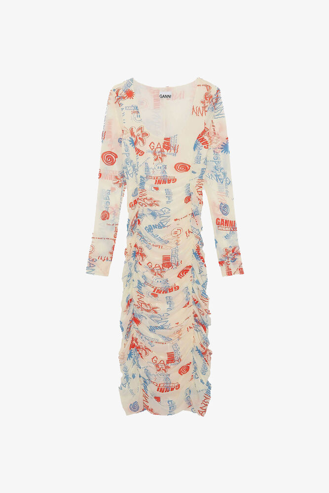 Ruched Mesh Midi Dress, Egret