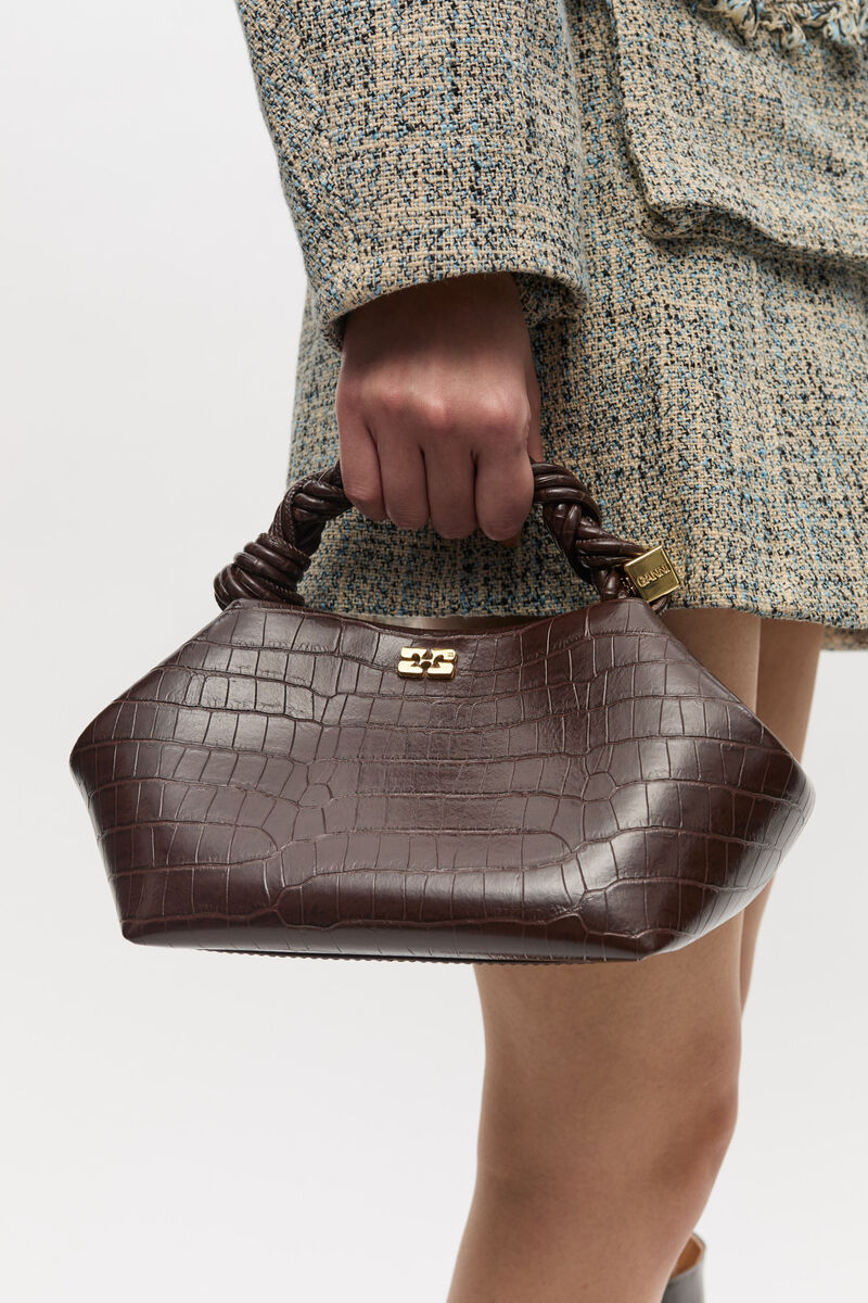 Brown Croco Patent Mini GANNI Bou Bag, Lyocell, in colour Chocolate Fondant - 2 - GANNI