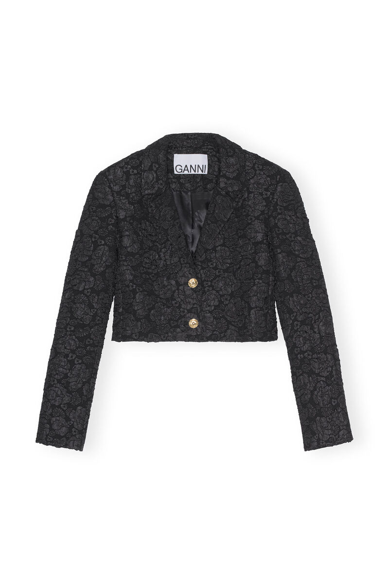 Stretch Jacquard Cropped Blazer, Polyester, in colour Black - 1 - GANNI