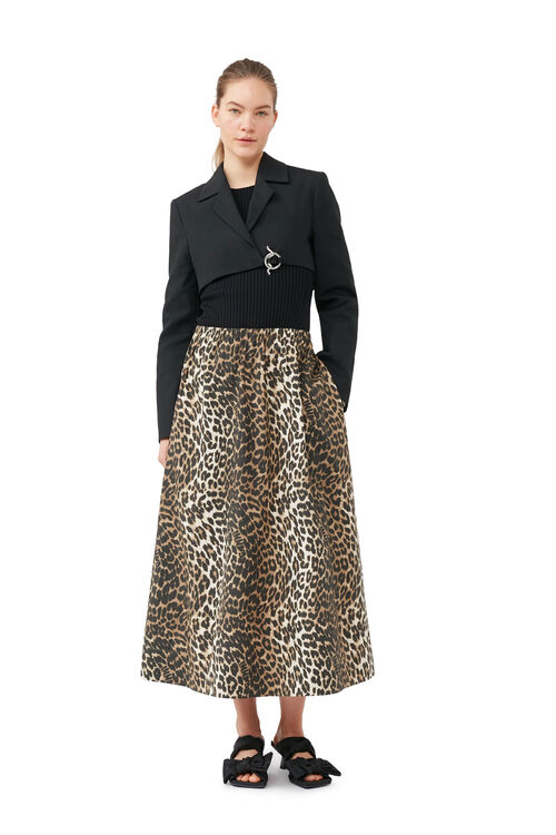 가니 GANNI Leopard Printed Elasticated Maxi Skirt,Big Leopard Almond Milk