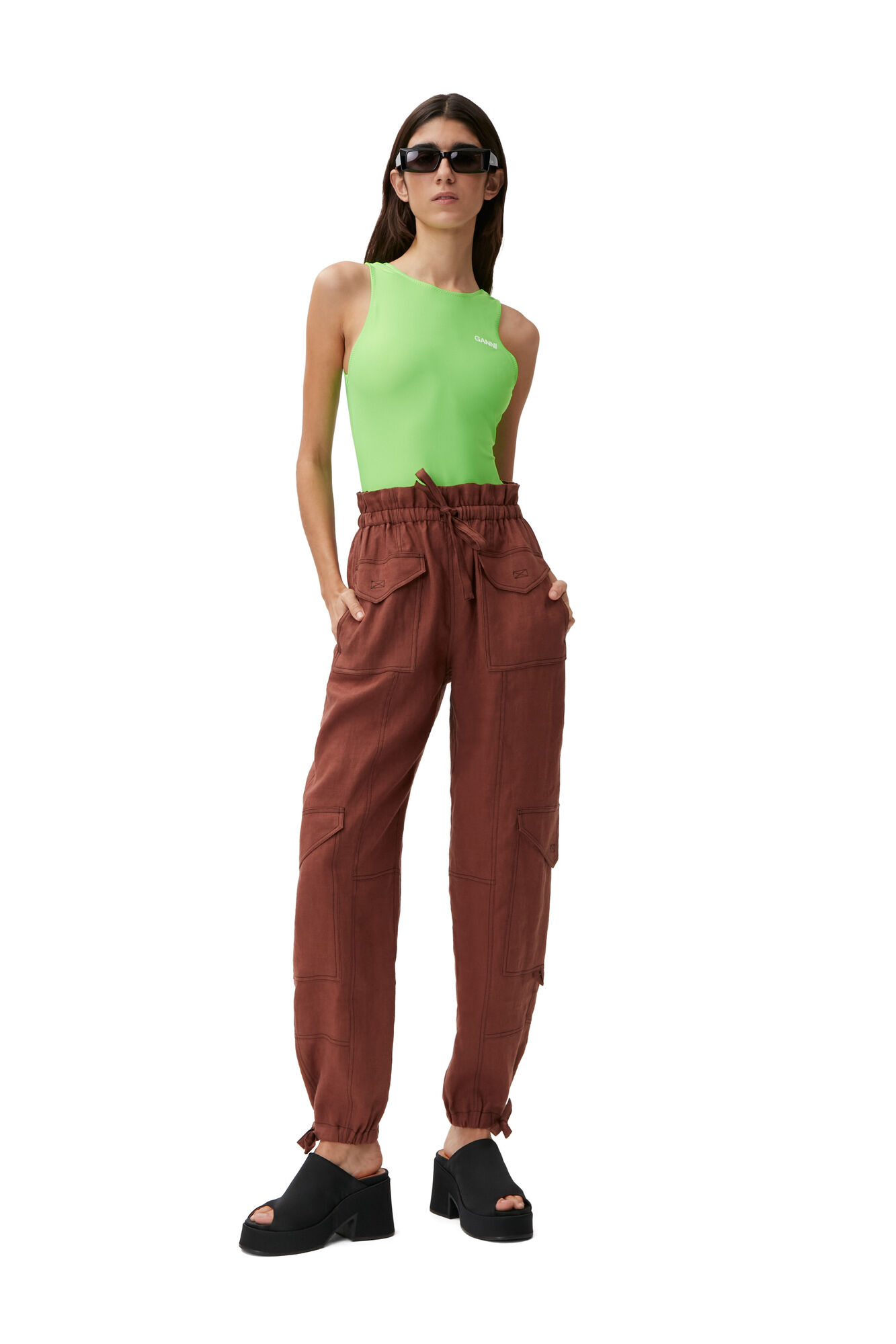 100% Hemp Cargo Trousers, Hemp, in colour Root Beer - 1 - GANNI