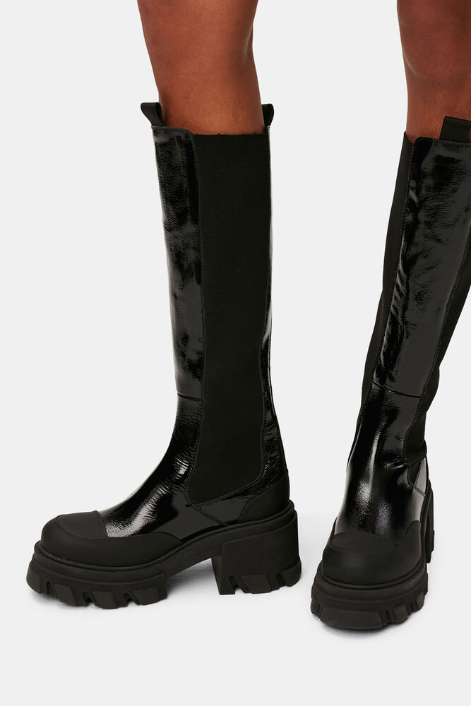 Black Cleated Heeled High Chelsea Boots, Black
