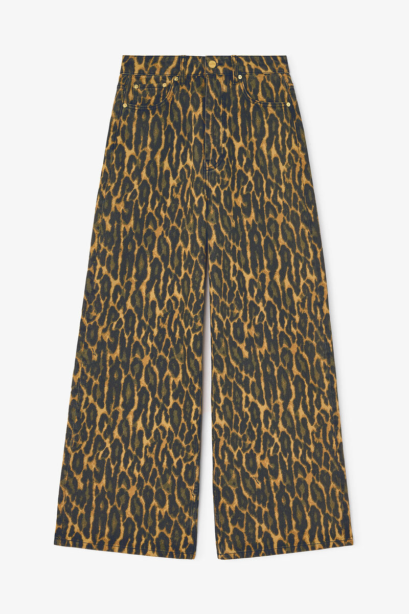 Baggy Jeans in Leopard Print, Organic Cotton, in colour Khaki - 1 - GANNI