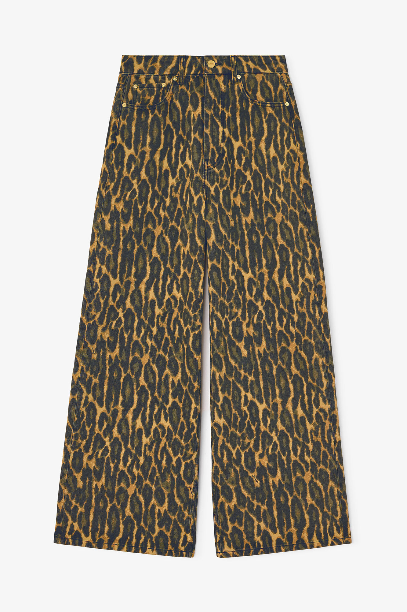 Baggy Jeans in Leopard Print, Organic Cotton, in colour Khaki - 1 - GANNI