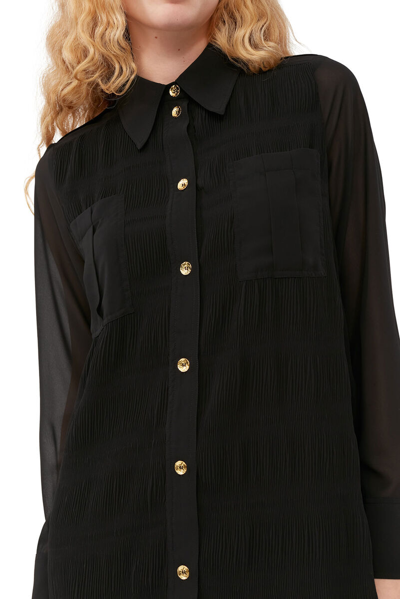 Black Pleated Georgette Skjortekjole, Recycled Polyester, in colour Black - 5 - GANNI