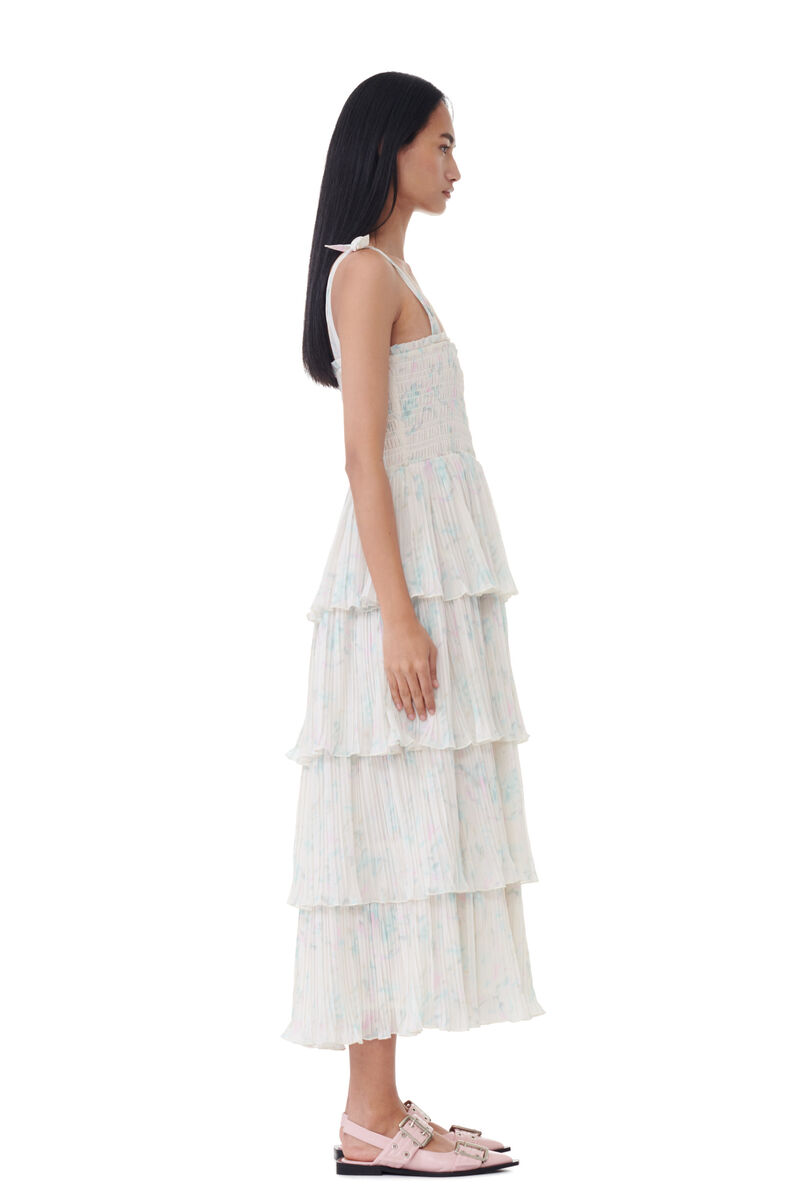 Floral Printed Pleated Georgette Strap Smock Midi-kjole, Recycled Polyester, in colour Tofu - 3 - GANNI