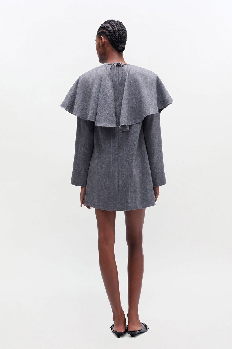 Grey Stripe Circle Collar Dress, Ecovero Viscose, in colour Pewter - 2 - GANNI